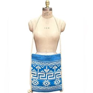 Vintage Crossbody Bag Purse Blue & White Woven Greek Key Boho Festival 1970s
